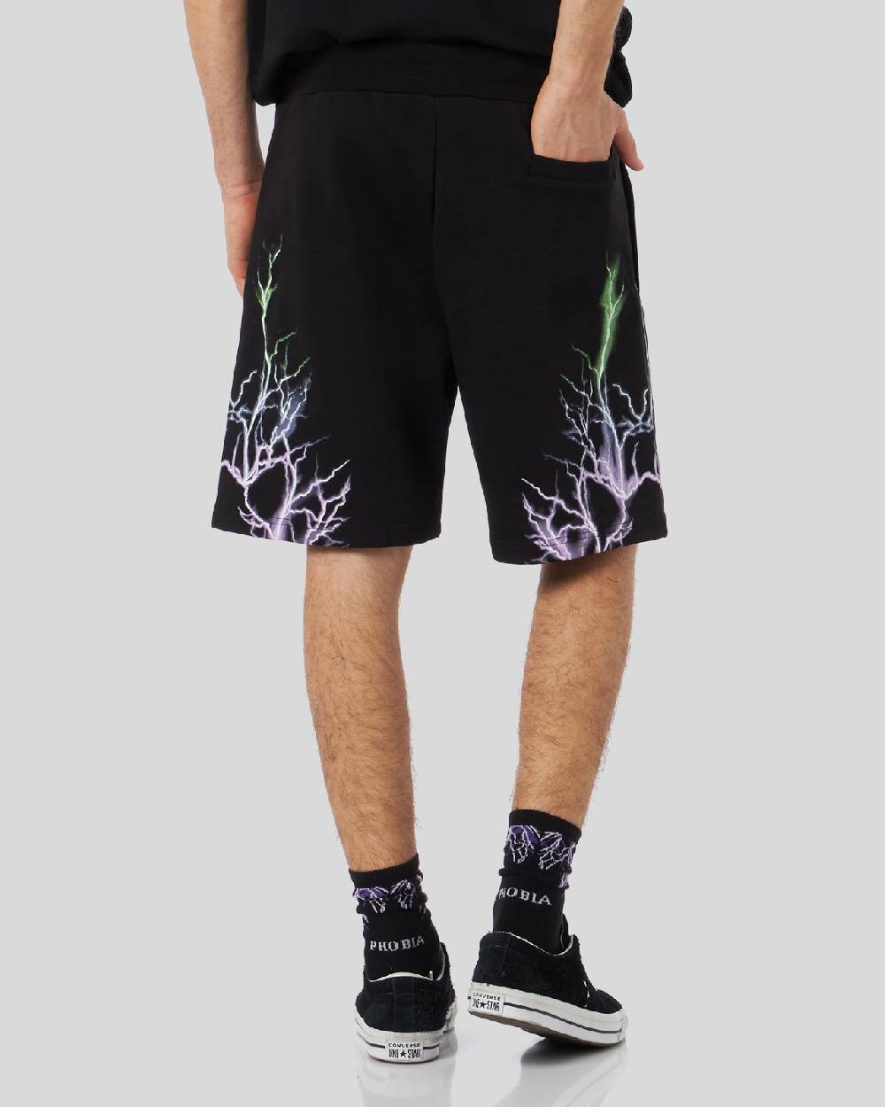 Phobia Archive PANTALONCINO NERO CON FULMINI BICOLORE VIOLA E VERDE Sottocosto
