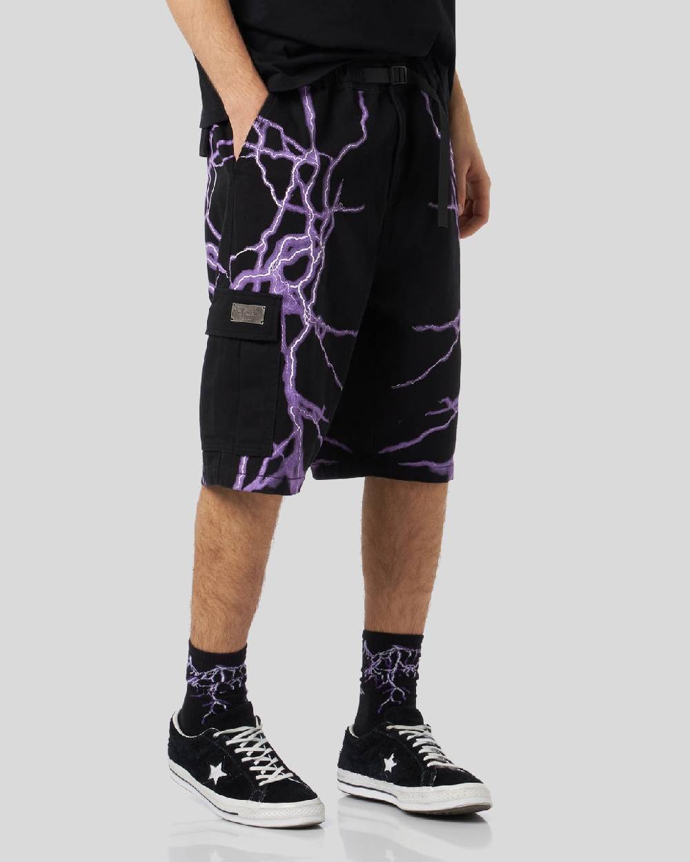 Phobia Archive PANTALONCINO CARGO NERO CON FULMINI LATERALI VIOLA Hotsell
