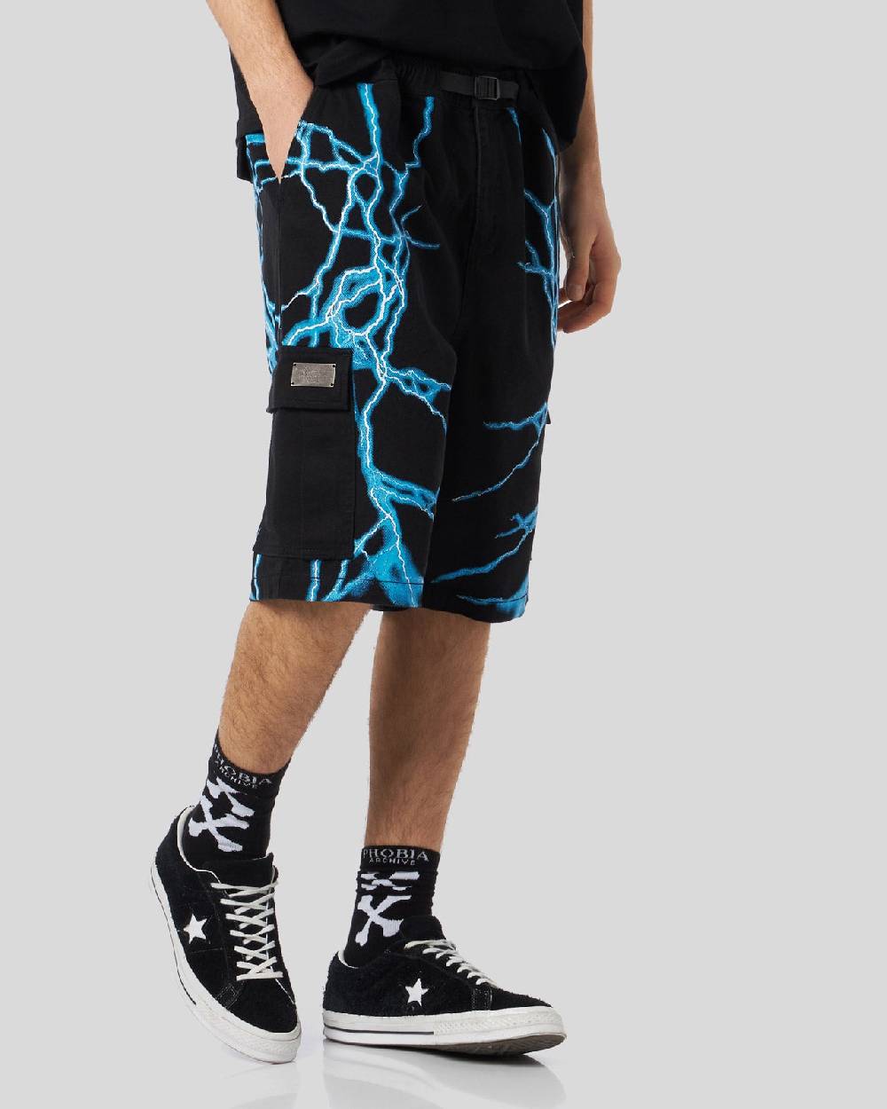 Phobia Archive PANTALONCINO CARGO NERO CON FULMINI LATERALI AZZURRI Vendita Calda