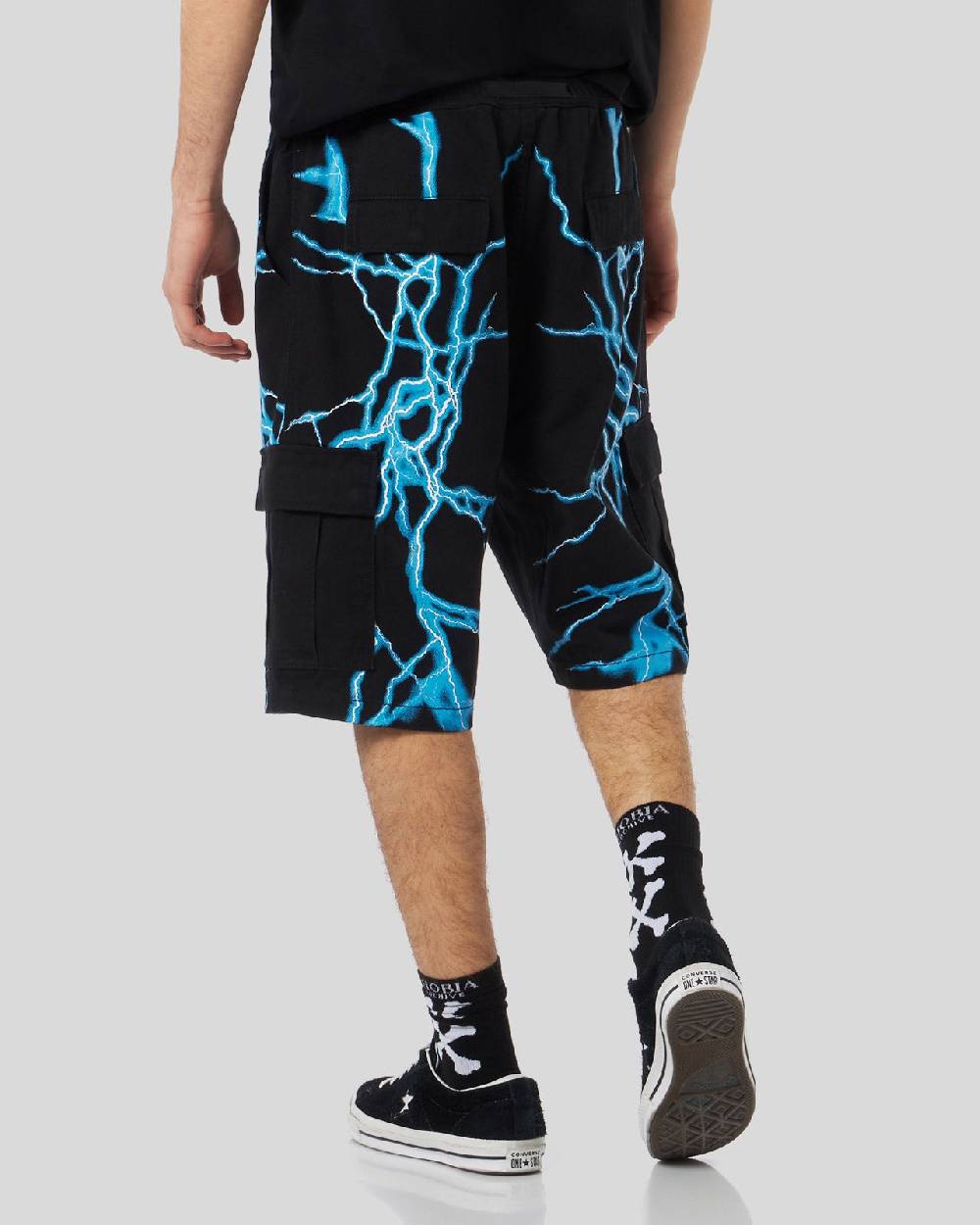 Phobia Archive PANTALONCINO CARGO NERO CON FULMINI LATERALI AZZURRI Vendita Calda