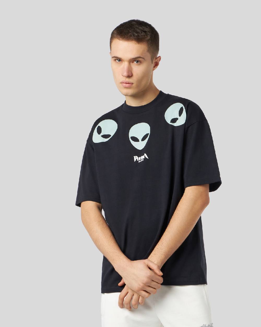 Phobia Archive T-SHIRT NERA CON GRAFICA TRIPLE ALIEN FOSFORESCENTE Nuova
