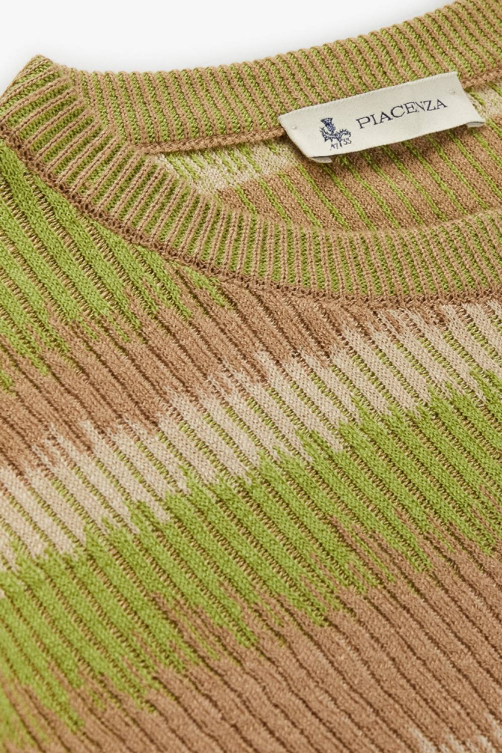 Piacenza 1733 Maglia maniche lunghe ikat striped flat rib verde e naturale Saldi Di Fabbrica