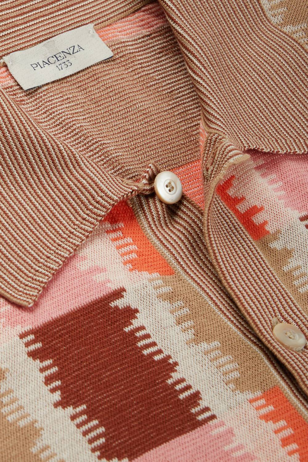 Piacenza 1733 Camicia maniche corte fil a fil ikat plaid jacquard rosa, naturale e bruciato Promozione