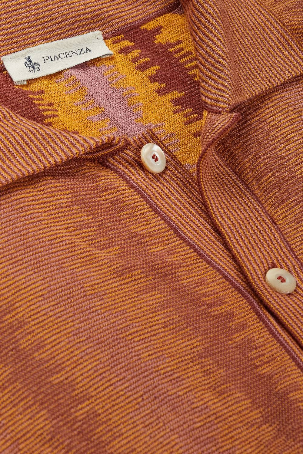 Piacenza 1733 Camicia maniche corte ikat vertical stripe senape e vinaccia In Saldo