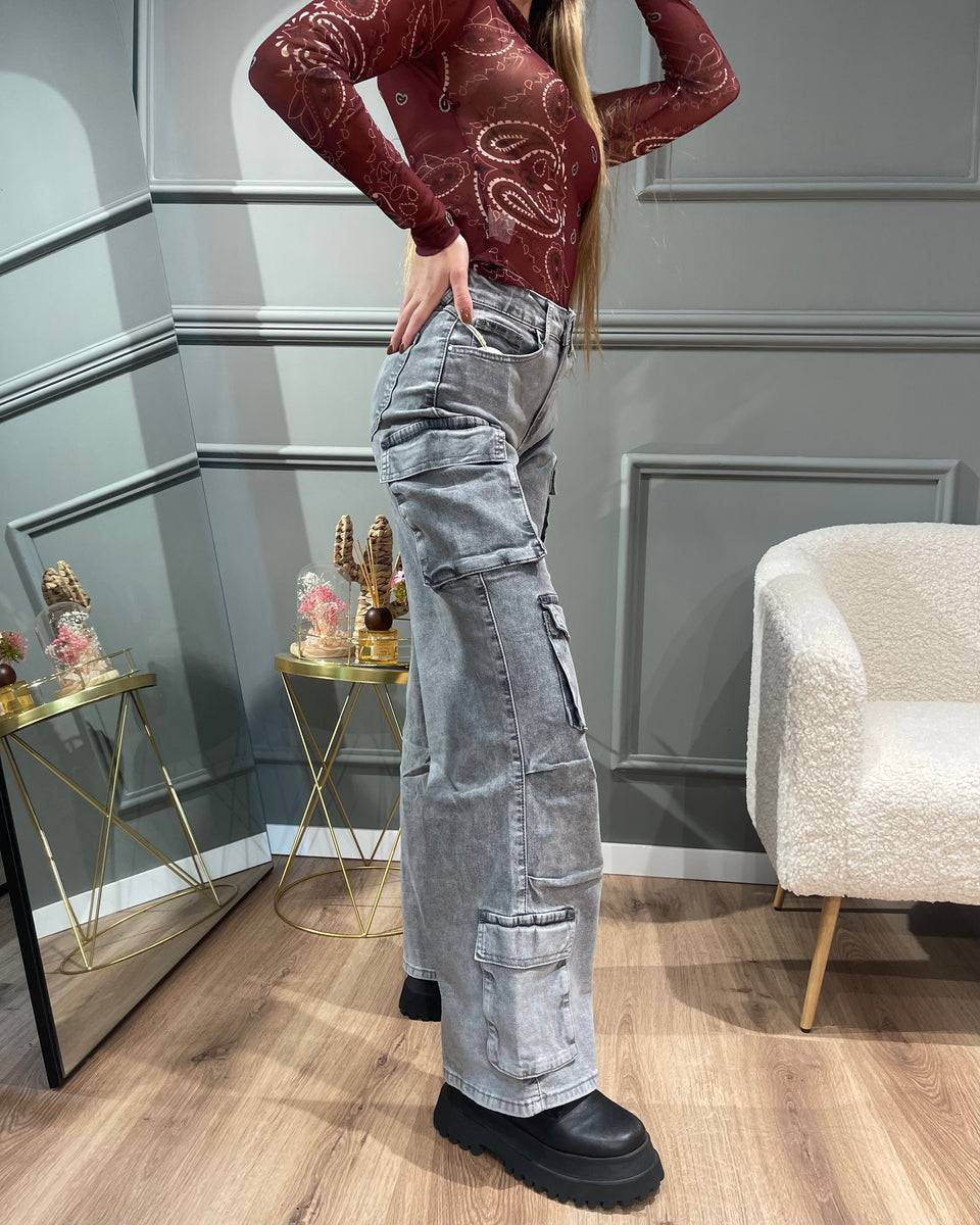 Lovely Sisters Jeans cargo grigio chiaro Presa