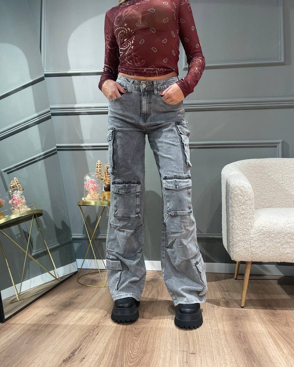 Lovely Sisters Jeans cargo grigio chiaro Presa