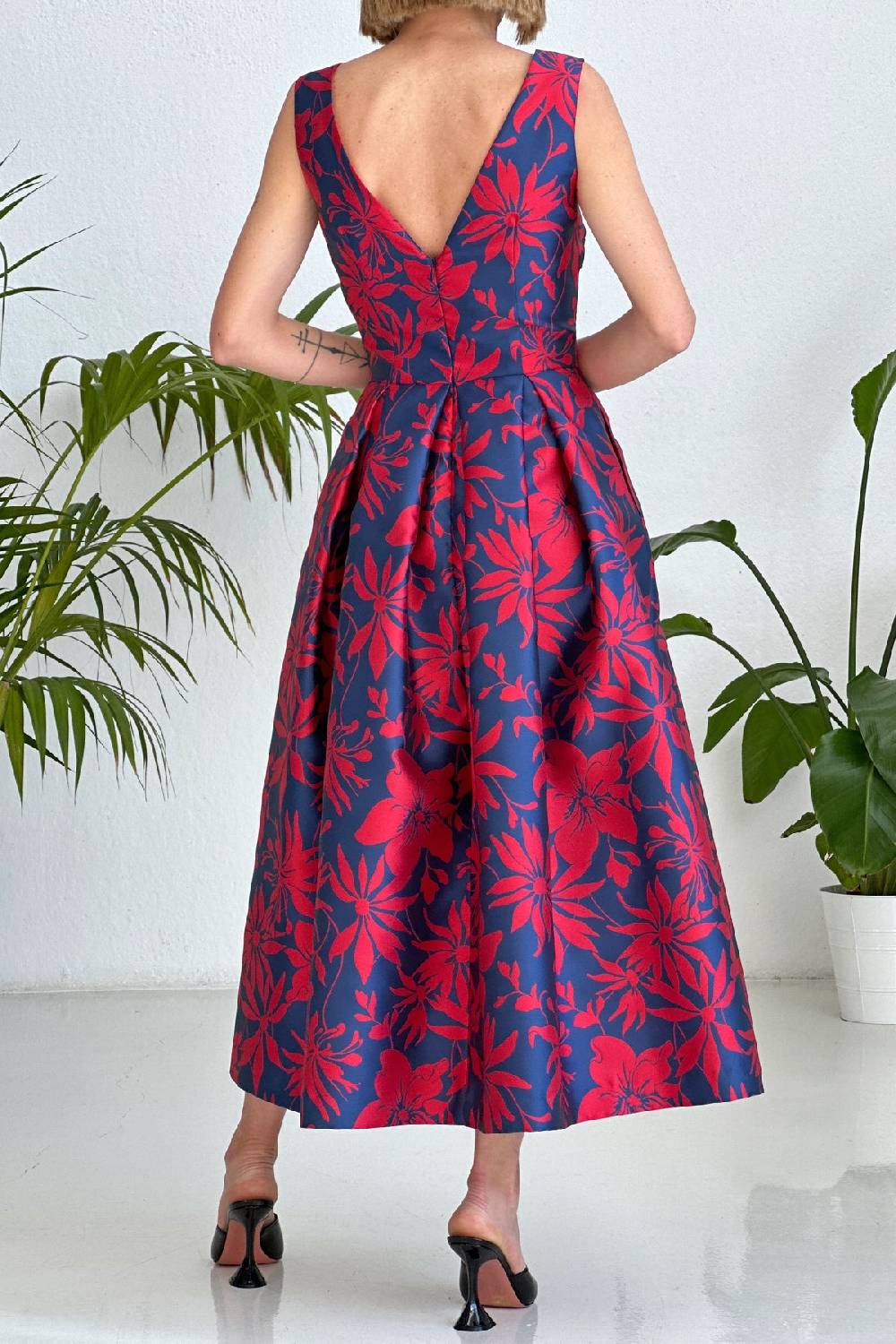 Lunatica Milano Abito Floral Red Blu V Neck Back Fino Al -60%
