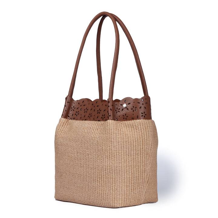 Roberta Gandolfi Diletta Shopping - Tote in rafia con balza in pelle laserata con tracolla staccabile In Saldo