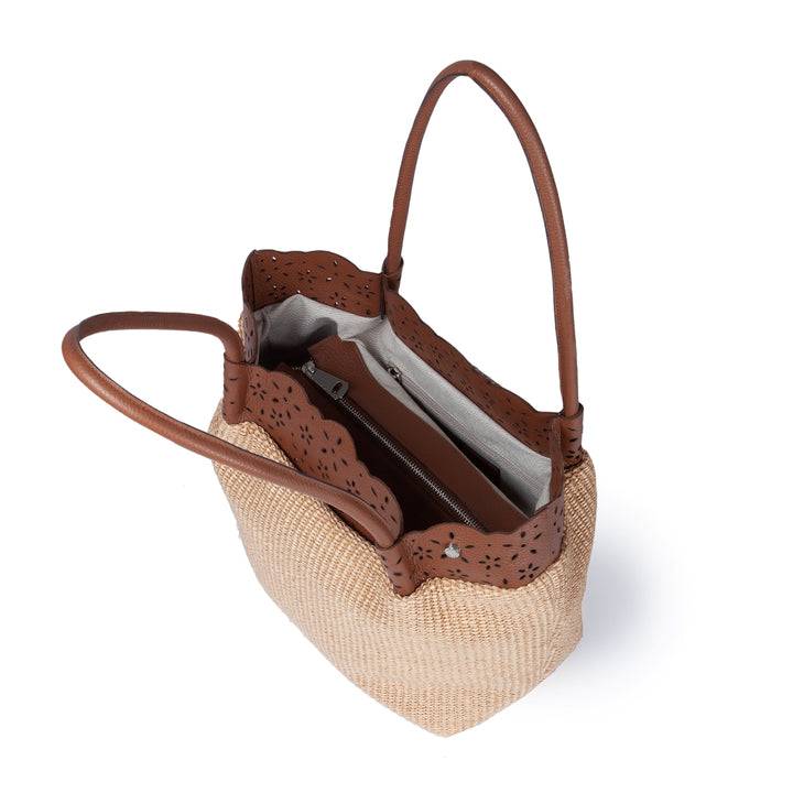 Roberta Gandolfi Diletta Shopping - Tote in rafia con balza in pelle laserata con tracolla staccabile In Saldo