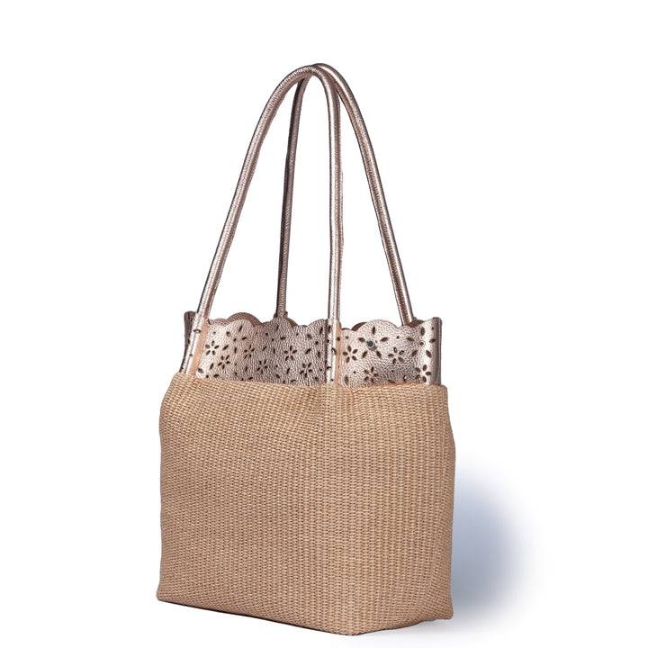 Roberta Gandolfi Diletta Shopping - Tote in rafia con balza in pelle laserata con tracolla staccabile Italy