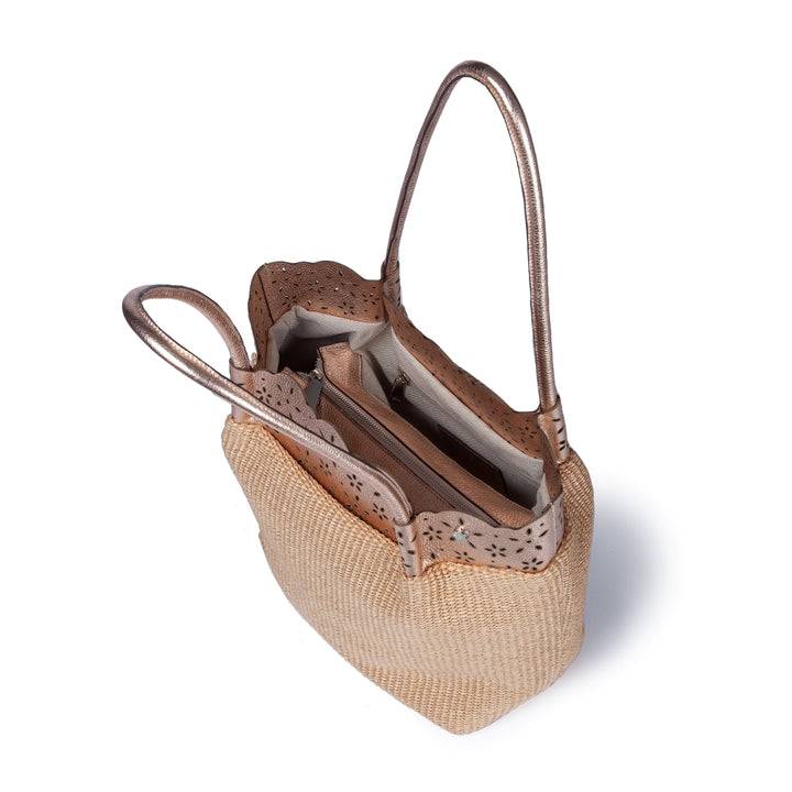 Roberta Gandolfi Diletta Shopping - Tote in rafia con balza in pelle laserata con tracolla staccabile Italy