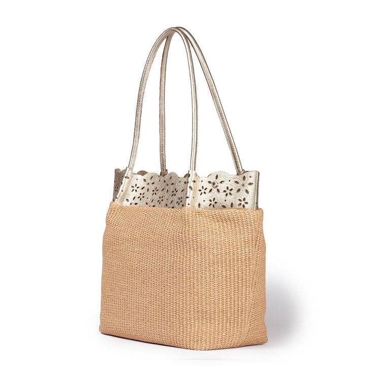 Roberta Gandolfi Diletta Shopping - Tote in rafia con balza in pelle laserata con tracolla staccabile Nuovo
