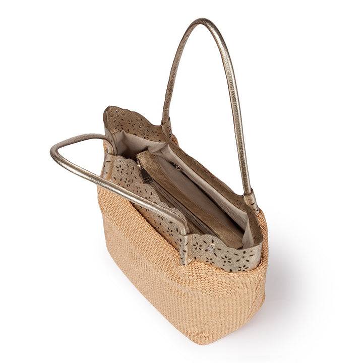 Roberta Gandolfi Diletta Shopping - Tote in rafia con balza in pelle laserata con tracolla staccabile Nuovo