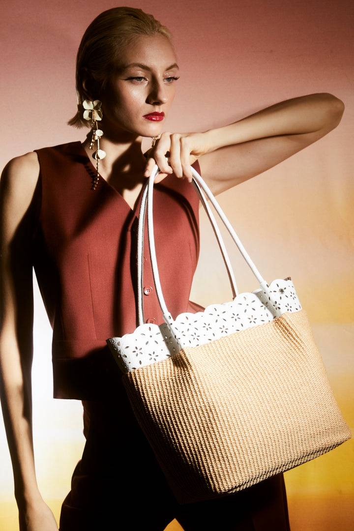 Roberta Gandolfi Diletta Shopping - Tote in rafia con balza in pelle laserata con tracolla staccabile Nuovo