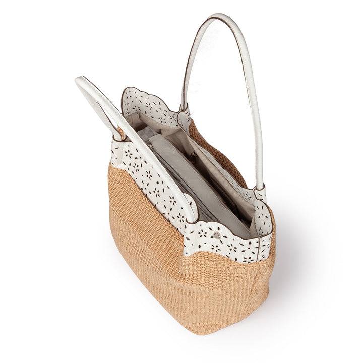Roberta Gandolfi Diletta Shopping - Tote in rafia con balza in pelle laserata con tracolla staccabile Qualità Garantita