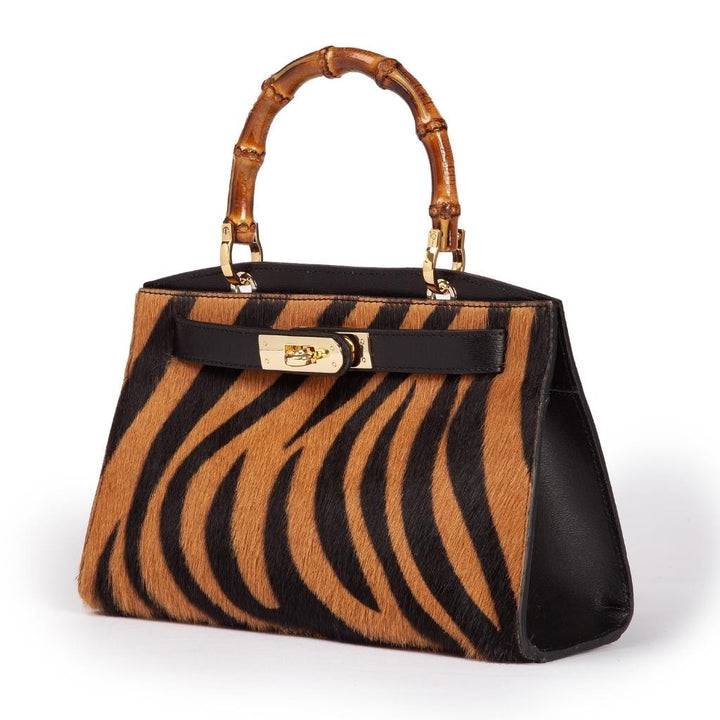 Roberta Gandolfi Lola Pony small borsa in pelle stampa animalier con manico in vero legno di bambù e tracolla staccabile Novità