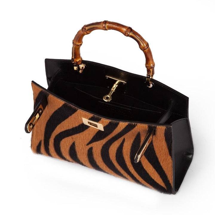 Roberta Gandolfi Lola Pony small borsa in pelle stampa animalier con manico in vero legno di bambù e tracolla staccabile Novità
