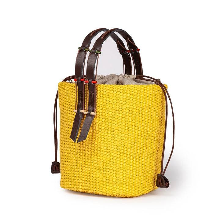 Roberta Gandolfi Fernanda Bucket in rafia con finiture in pelle di vitello con tracolla staccabile Pezzi Unici