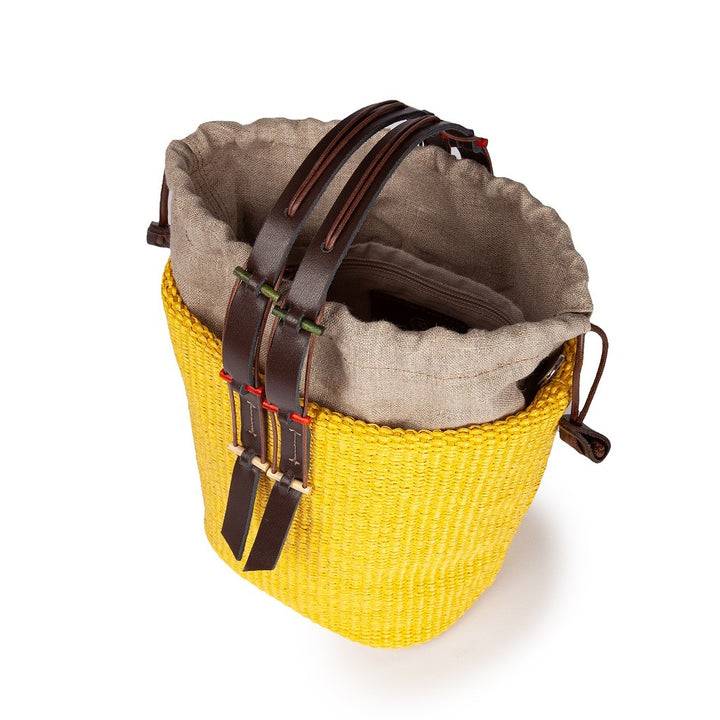 Roberta Gandolfi Fernanda Bucket in rafia con finiture in pelle di vitello con tracolla staccabile Pezzi Unici