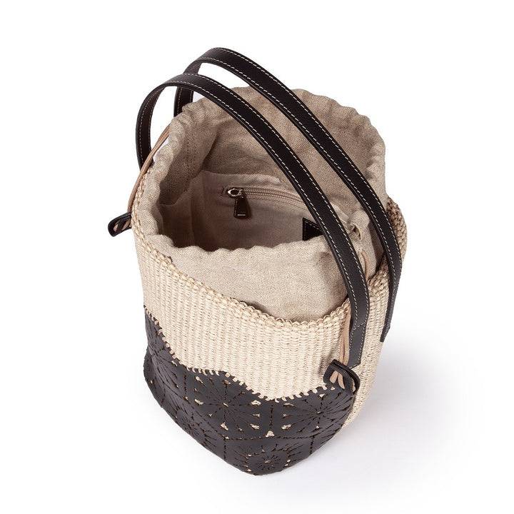 Roberta Gandolfi Giulia Bucket in rafia e pelle il pannello tagliato al laser è interamente cucito a mano con tracolla staccabile Negozi Online
