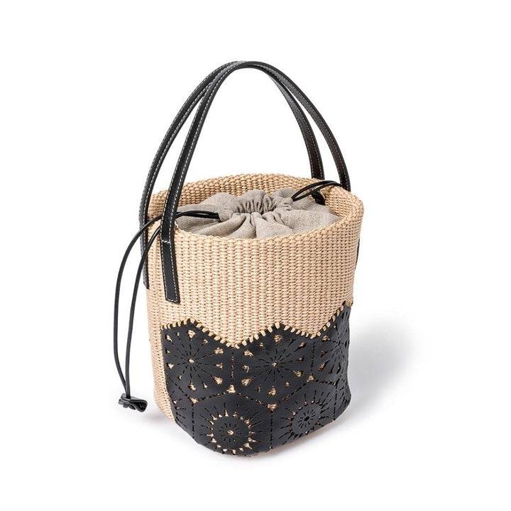 Roberta Gandolfi Giulia Bucket in rafia e pelle il pannello tagliato al laser è interamente cucito a mano con tracolla staccabile Sconto