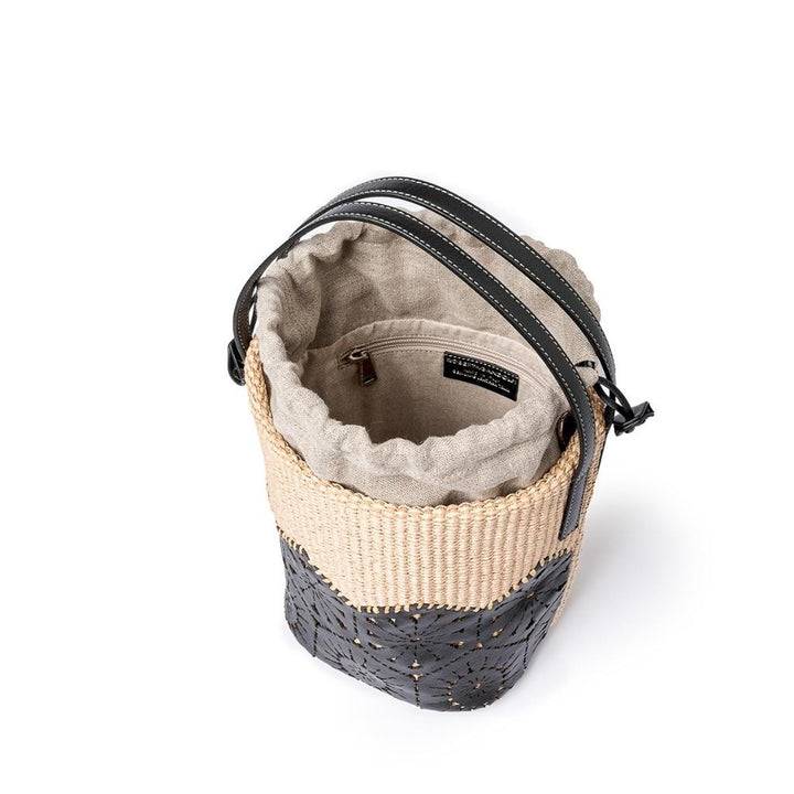 Roberta Gandolfi Giulia Bucket in rafia e pelle il pannello tagliato al laser è interamente cucito a mano con tracolla staccabile Sconto
