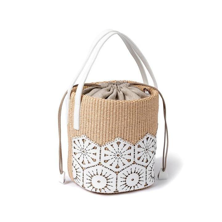 Roberta Gandolfi Giulia Bucket in rafia e pelle il pannello tagliato al laser è interamente cucito a mano con tracolla staccabile Offerta