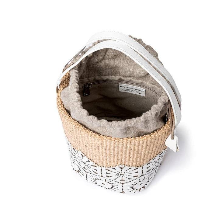 Roberta Gandolfi Giulia Bucket in rafia e pelle il pannello tagliato al laser è interamente cucito a mano con tracolla staccabile Offerta