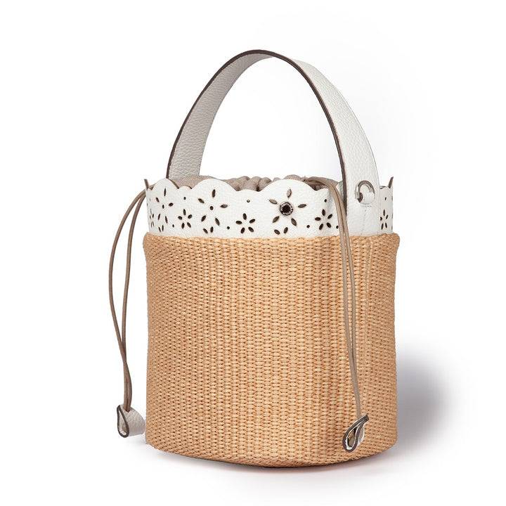 Roberta Gandolfi Diletta Bucket in rafia con balza in pelle laserata con tracolla staccabile Economico