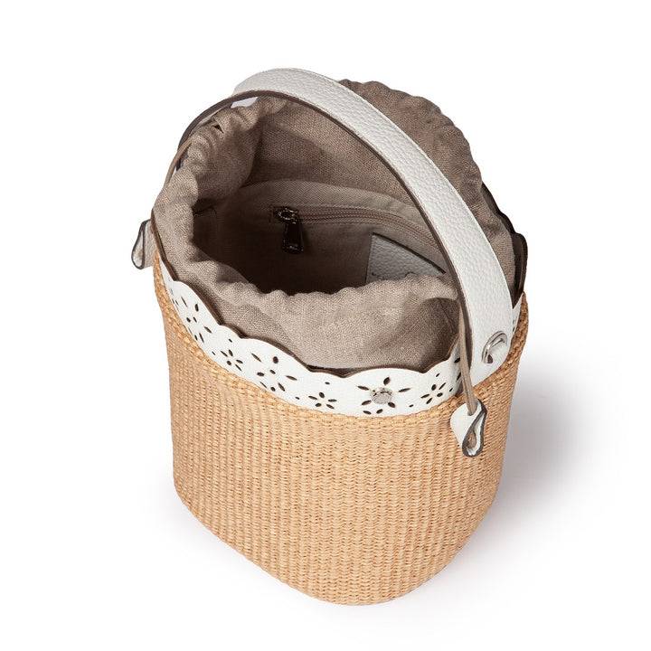 Roberta Gandolfi Diletta Bucket in rafia con balza in pelle laserata con tracolla staccabile Economico