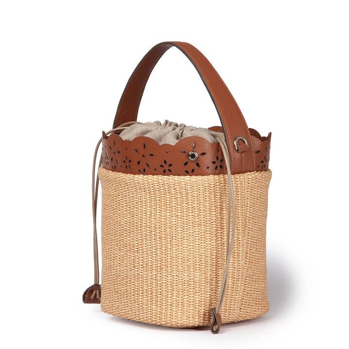 Roberta Gandolfi Diletta Bucket in rafia con balza in pelle laserata con tracolla staccabile Online