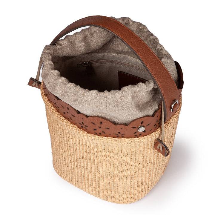 Roberta Gandolfi Diletta Bucket in rafia con balza in pelle laserata con tracolla staccabile Online