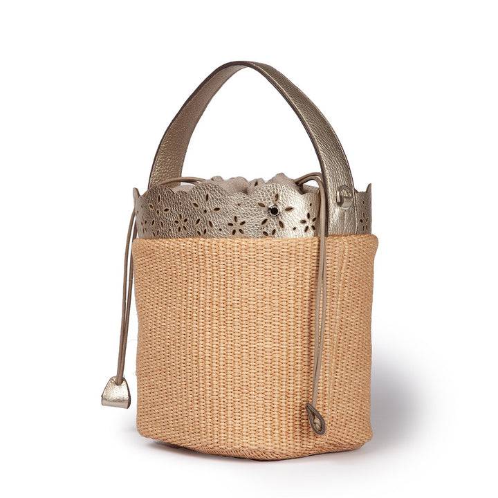 Roberta Gandolfi Diletta Bucket in rafia con balza in pelle laserata con tracolla staccabile Outlet