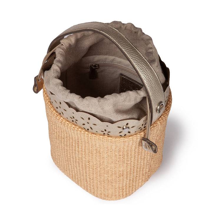 Roberta Gandolfi Diletta Bucket in rafia con balza in pelle laserata con tracolla staccabile Outlet
