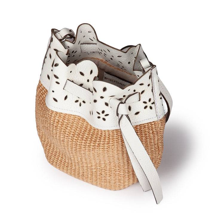 Roberta Gandolfi Diletta Mini Bucket in rafia con balza in pelle laserata con tracolla staccabile Saldi