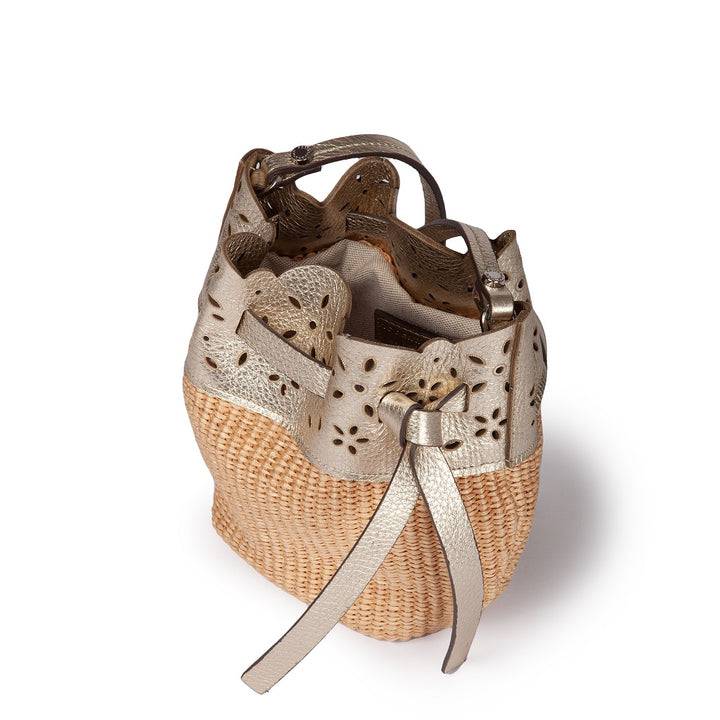 Roberta Gandolfi Diletta Mini Bucket in rafia con balza in pelle laserata con tracolla staccabile Offerte