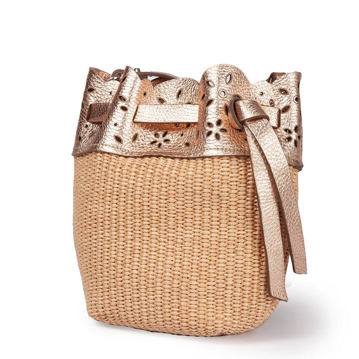 Roberta Gandolfi Diletta Mini Bucket in rafia con balza in pelle laserata con tracolla staccabile Hotsell
