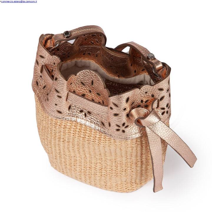 Roberta Gandolfi Diletta Mini Bucket in rafia con balza in pelle laserata con tracolla staccabile Hotsell