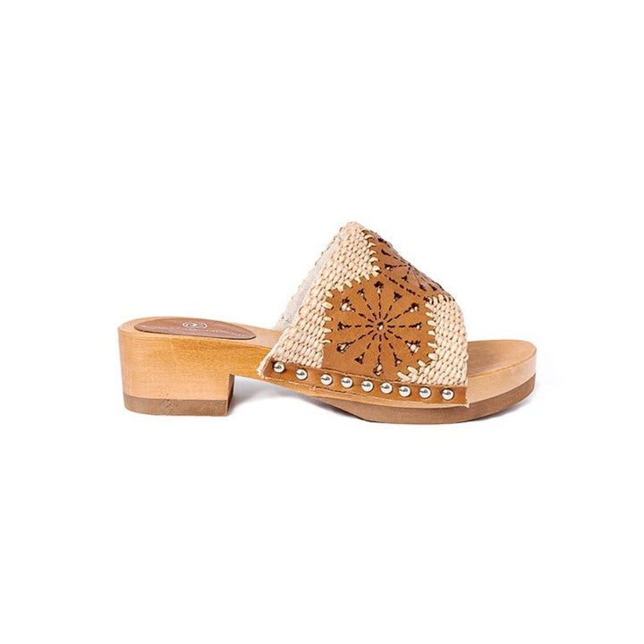Roberta Gandolfi Sandalo Giulia platform in legno e tomaia in rafia e pelle di vitello laserata con disegno pizzo geometrico Sconto