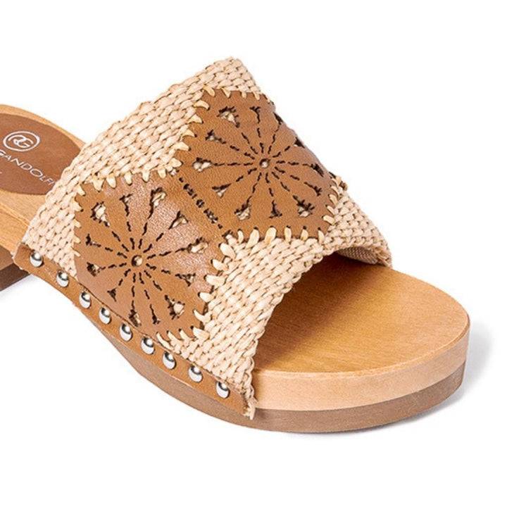 Roberta Gandolfi Sandalo Giulia platform in legno e tomaia in rafia e pelle di vitello laserata con disegno pizzo geometrico Sconto