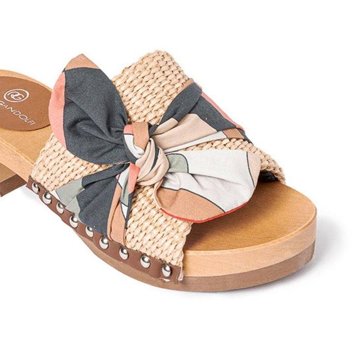 Roberta Gandolfi Lola Sixty sandali in legno con rafia e pelle di vitello con fiocco stampa sixty Offerta