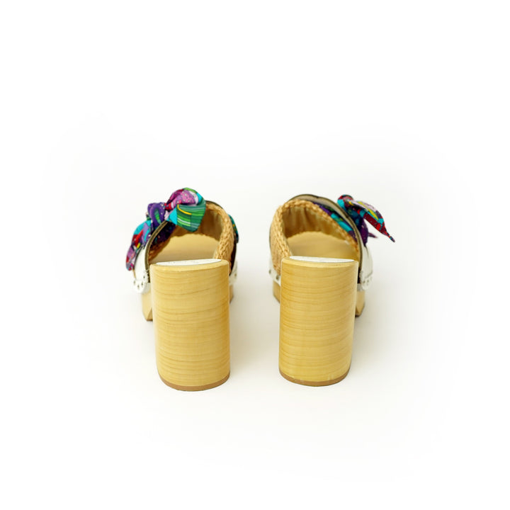 Roberta Gandolfi Diva Chain sandali in legno incrociato con platform in rafia e stampa fiocco tropical Online