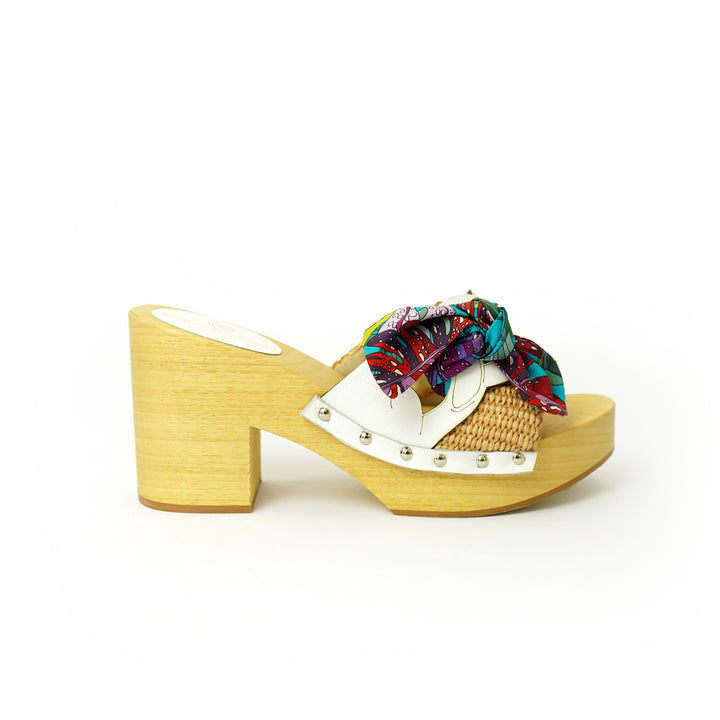 Roberta Gandolfi Diva Chain sandali in legno incrociato con platform in rafia e stampa fiocco tropical Online