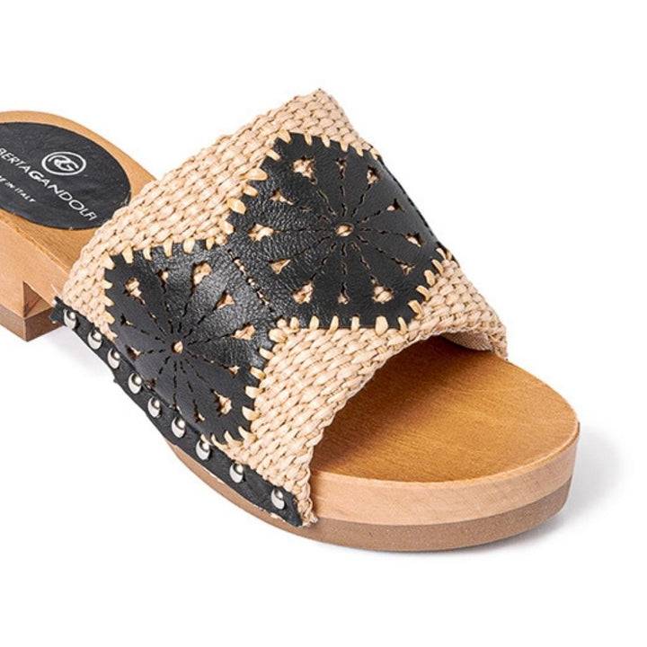 Roberta Gandolfi Sandalo Giulia platform in legno e tomaia in rafia e pelle di vitello laserata con disegno pizzo geometrico In Vendita