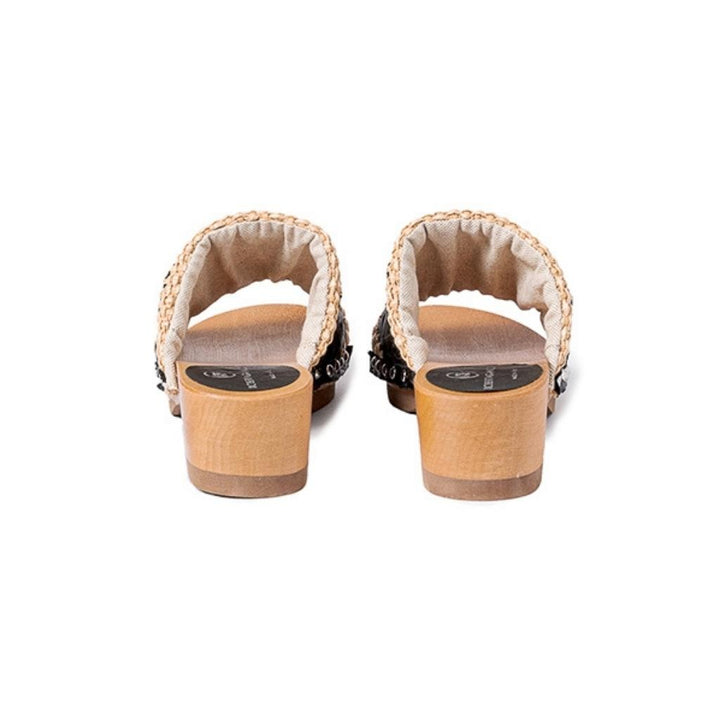 Roberta Gandolfi Sandalo Giulia platform in legno e tomaia in rafia e pelle di vitello laserata con disegno pizzo geometrico In Vendita