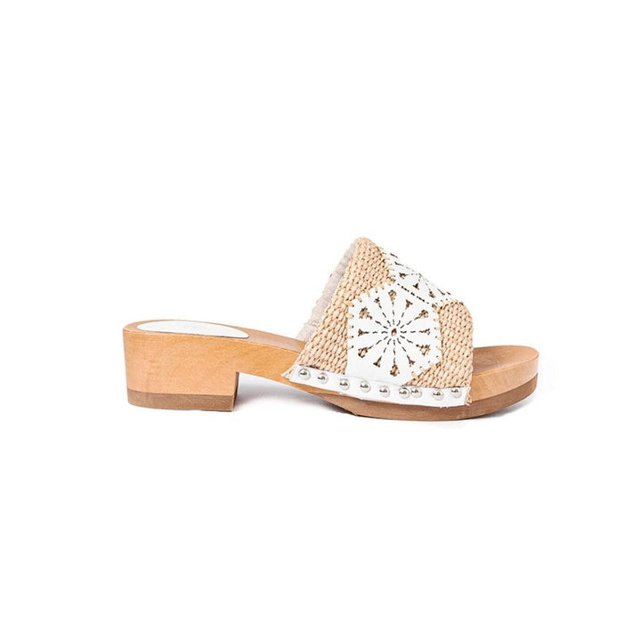 Roberta Gandolfi Sandalo Giulia platform in legno e tomaia in rafia e pelle di vitello laserata con disegno pizzo geometrico Saldi