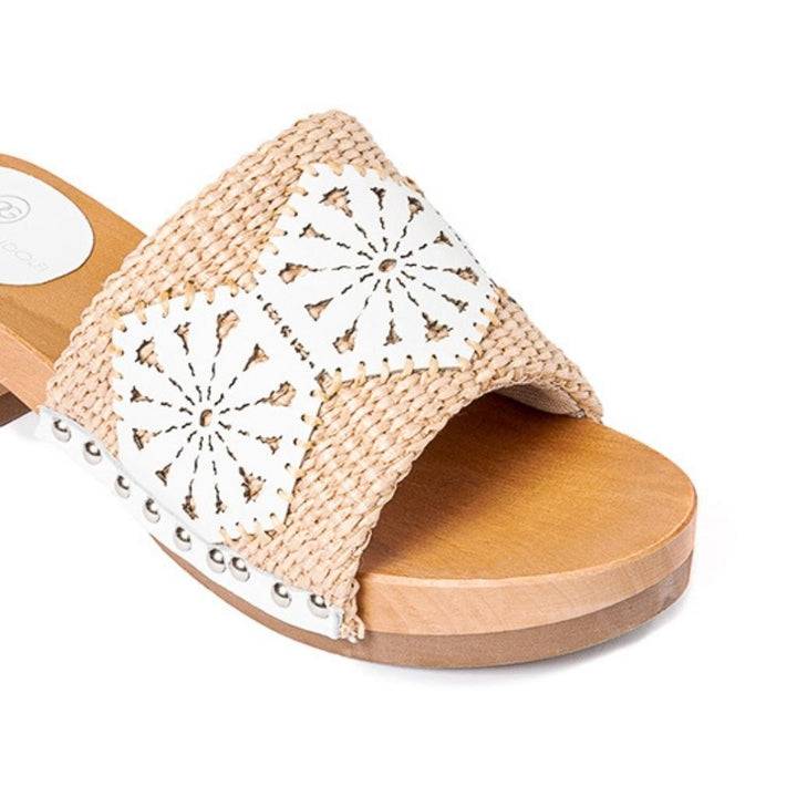 Roberta Gandolfi Sandalo Giulia platform in legno e tomaia in rafia e pelle di vitello laserata con disegno pizzo geometrico Saldi