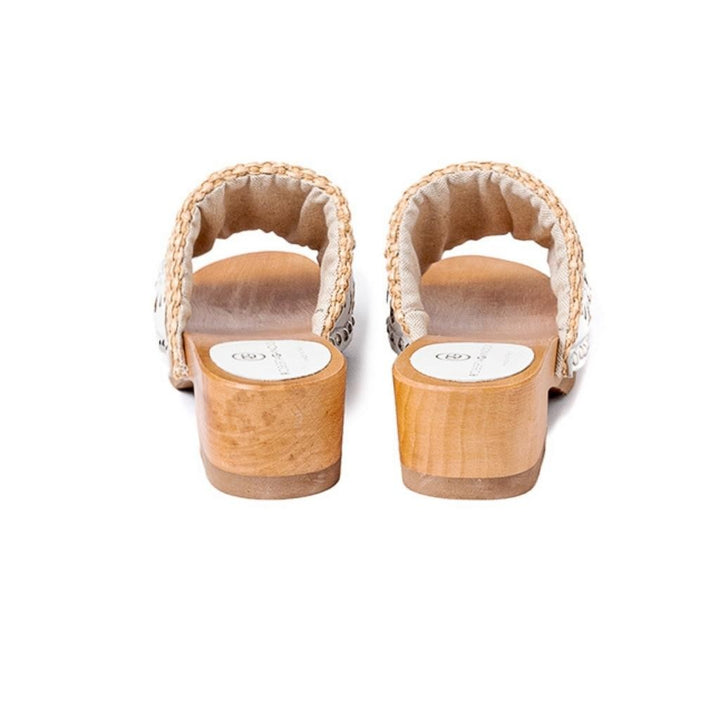 Roberta Gandolfi Sandalo Giulia platform in legno e tomaia in rafia e pelle di vitello laserata con disegno pizzo geometrico Saldi