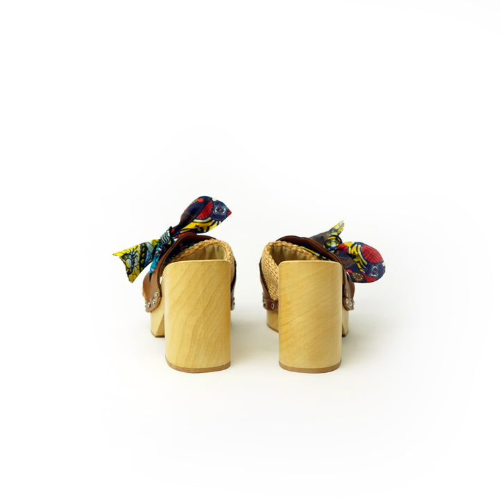 Roberta Gandolfi Diva Chain sandali in legno incrociato con platform in rafia e fiocco stamap african Hotsell