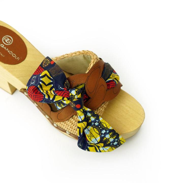 Roberta Gandolfi Diva Chain sandali in legno incrociato con platform in rafia e fiocco stamap african Hotsell